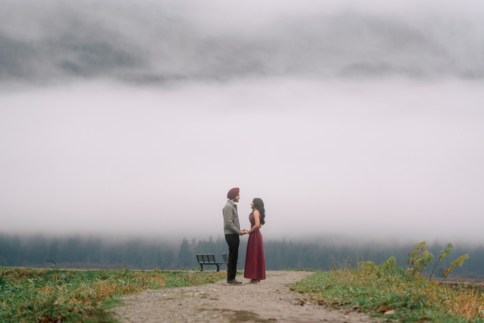 Simar & Manjeet walking along the misty Pitt Lake dyke trails — The 6 Best Nature & Outdoorsy Photoshoot Spots in Pitt Meadows BC