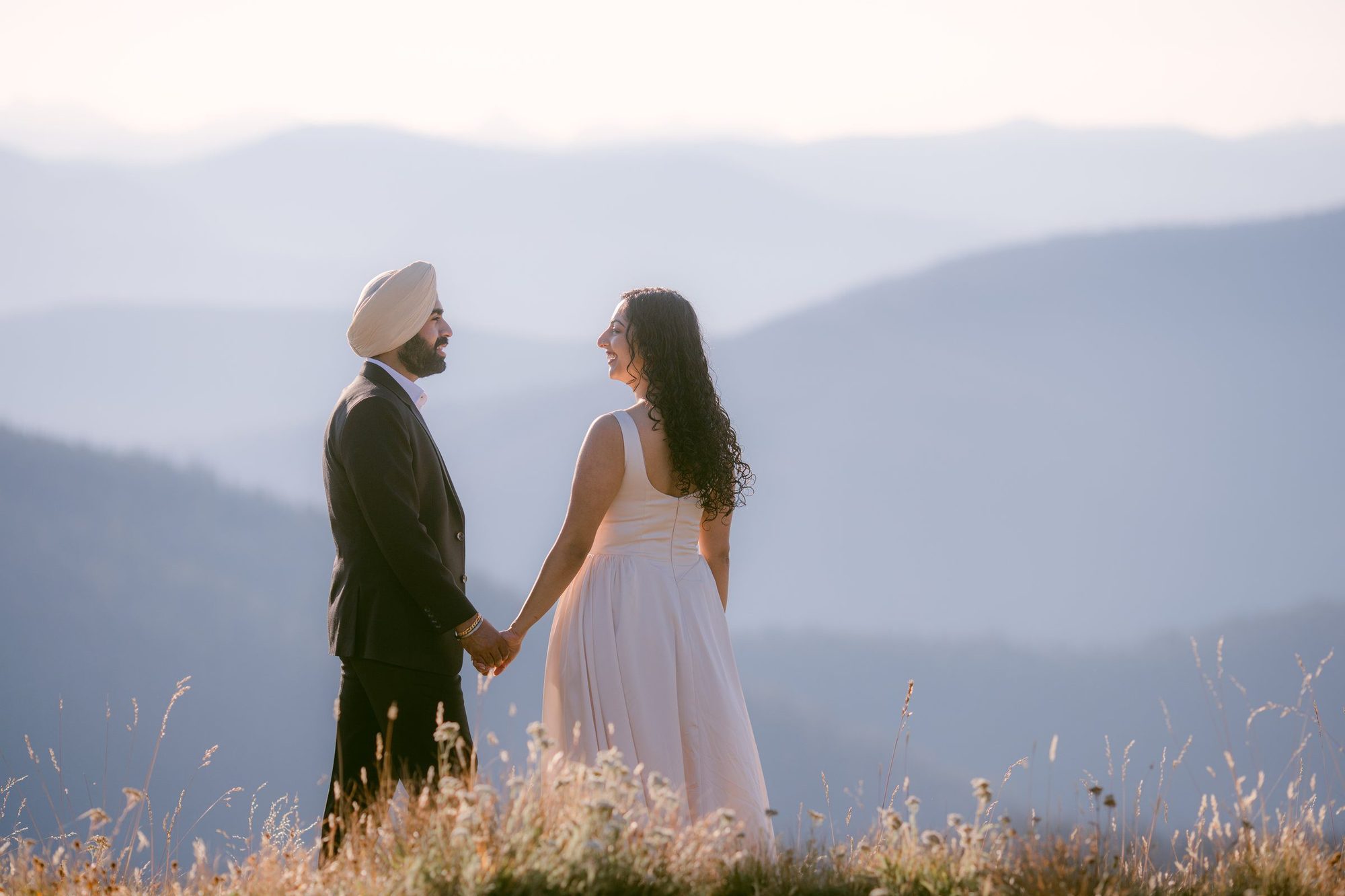 Editorial bride and groom golden hour summit portrait in Vancouver, British Columbia — White Daisy Weddings